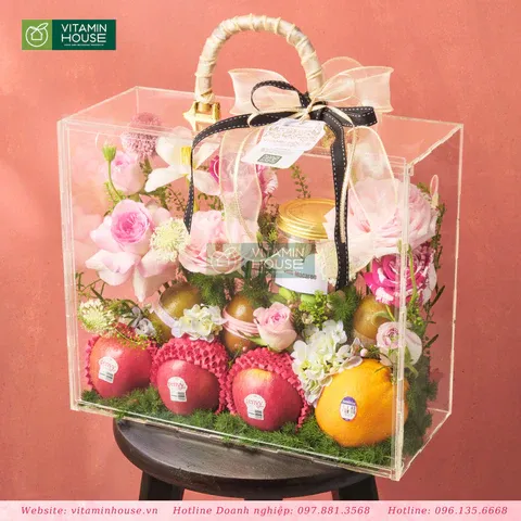 Hộp Vali Quà Hoa Tươi & Trái Cây Nhập Khẩu Cam Vàng, Kiwi, Táo Envy Sang Trọng Tặng Đối Tác