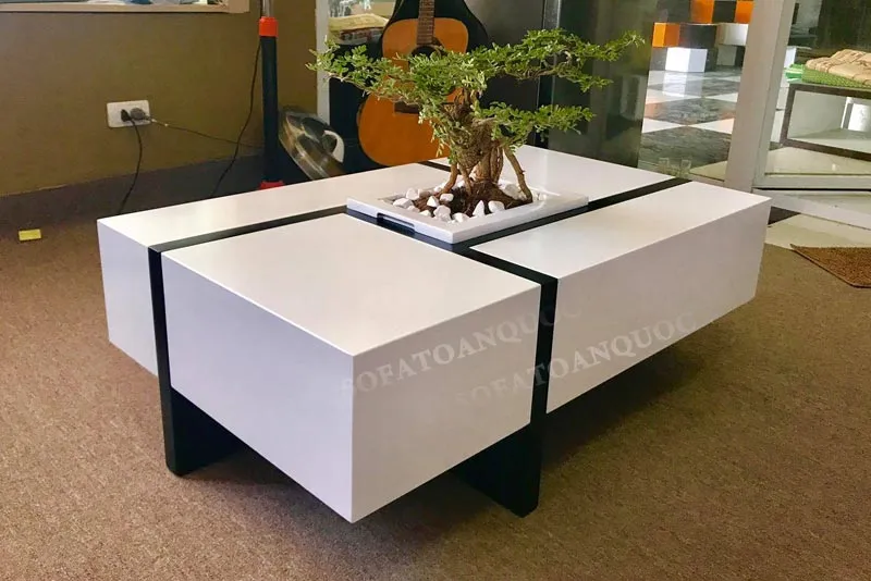 Bàn trà sofa kết hợp cây cảnh xanh tạo điểm nhấn cho phòng khách