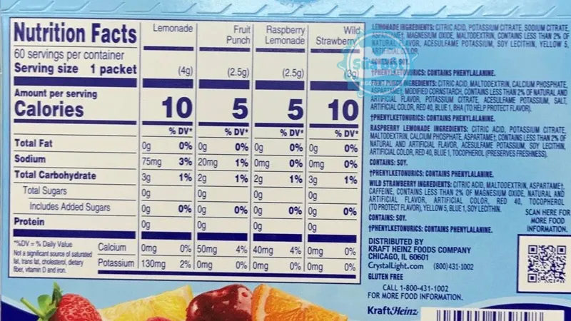 Bảng thành phần chi tiết của bột pha nước trái cây Crystal Light Drink Mix