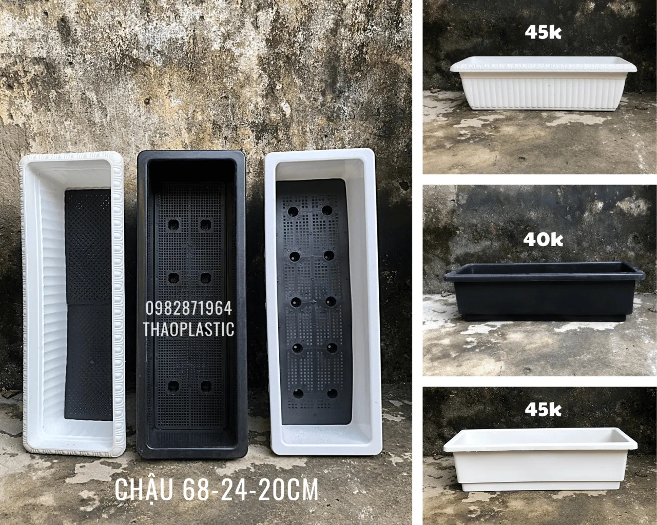 Chậu nhựa 68cm màu trắng có hoa văn trang trí, phù hợp ban công thẩm mỹ cao