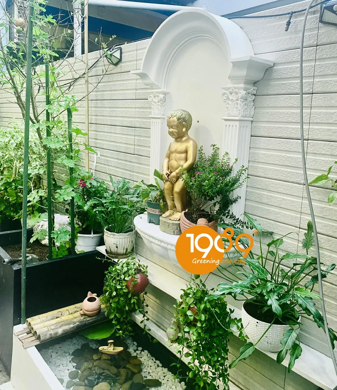 Phối cảnh chậu đá mài chữ nhật kết hợp nuôi cá và trồng cây