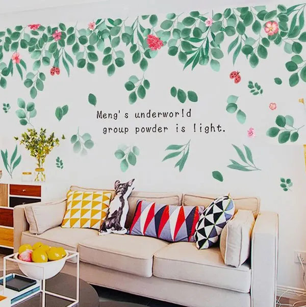Decal lá xanh trang trí góc phòng khách hiện đại