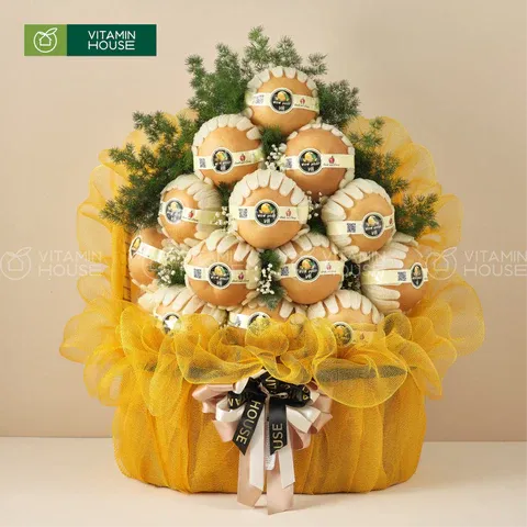 Giỏ trái cây dâng lễ trái cây lê nâu tone màu vàng