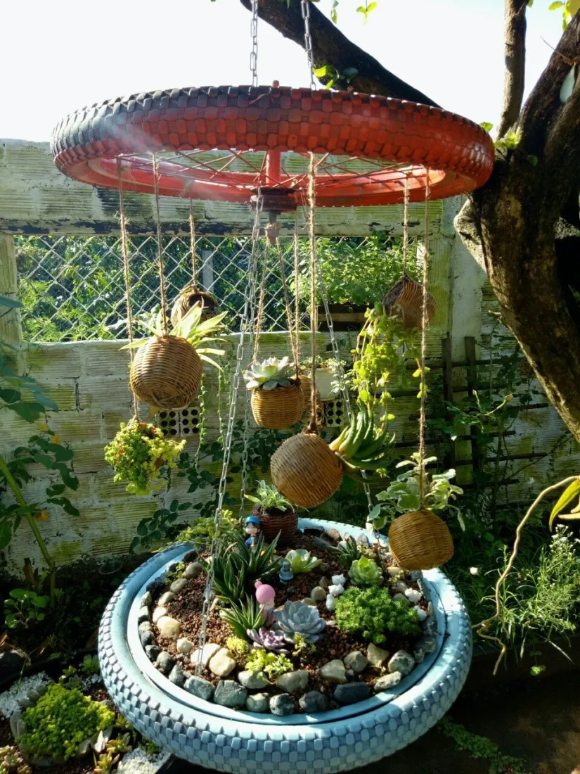 Lốp xe cũ biến thành bồn hoa sen đá rực rỡ