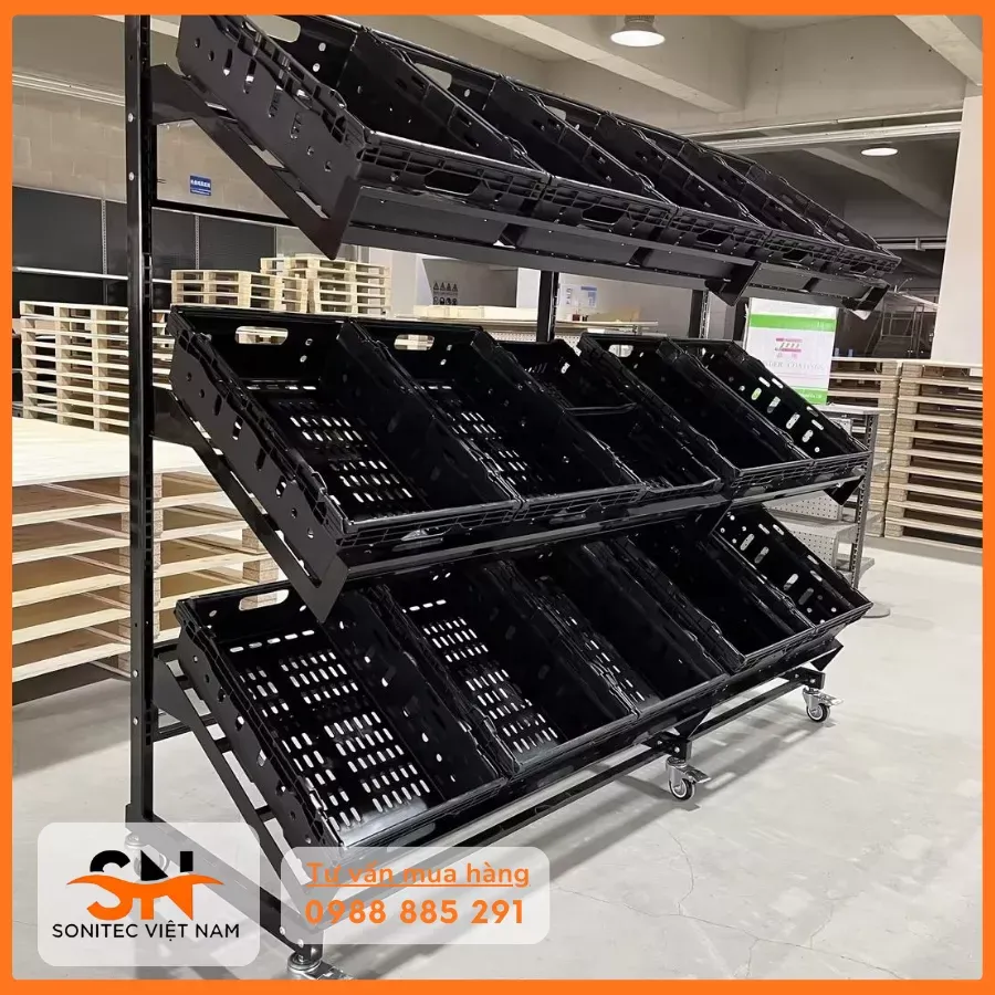 Hệ thống kệ trái cây 3 tầng sắt chất lượng cao trong siêu thị thực phẩm