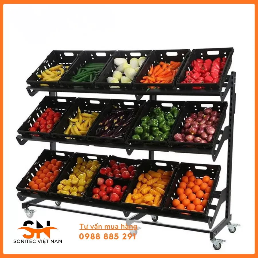 Kệ trái cây 3 tầng sắt trưng bày chuyên nghiệp tại cửa hàng hoa quả sạch