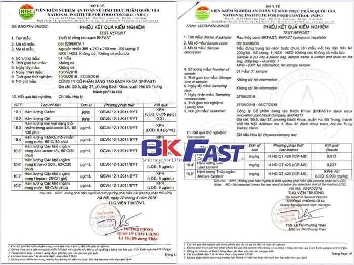 Chứng nhận Rau sạch từ Bộ thủy canh BKFAST