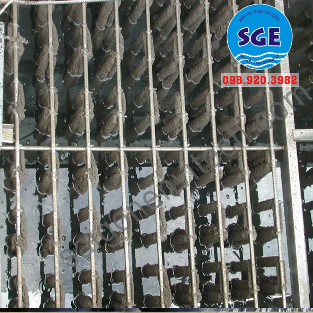 Kỹ thuật viên thực hiện lắp đặt giá thể vi sinh dạng sợi Đài Loan vào hệ thống khung đỡ