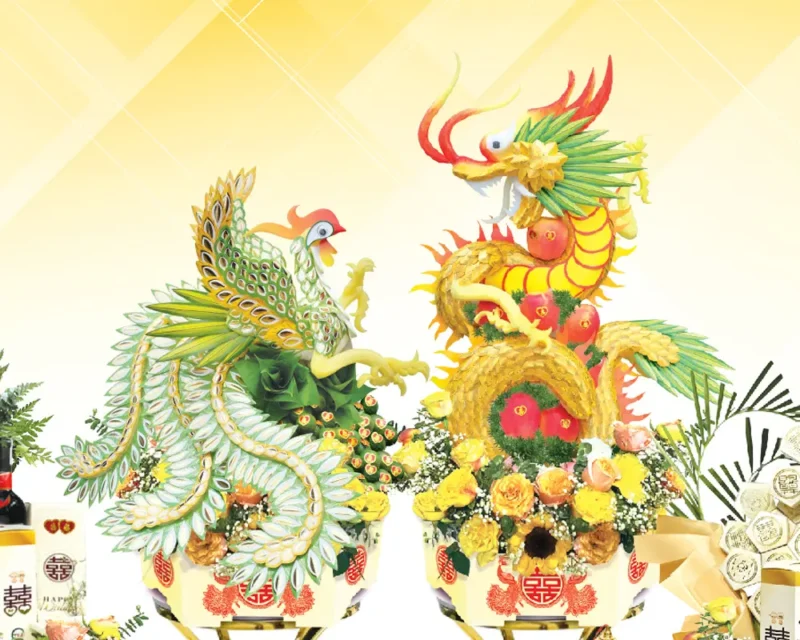 Mâm Quả Trái Cây Đám Cưới: Ý Nghĩa Long Phụng & Xu Hướng Hoa Sáp Hiện Đại