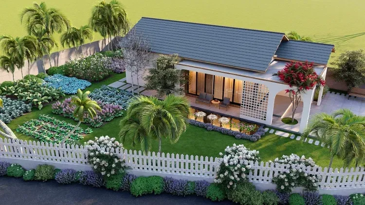 Vườn rau kết hợp vườn hoa trong sân vườn nhà quê