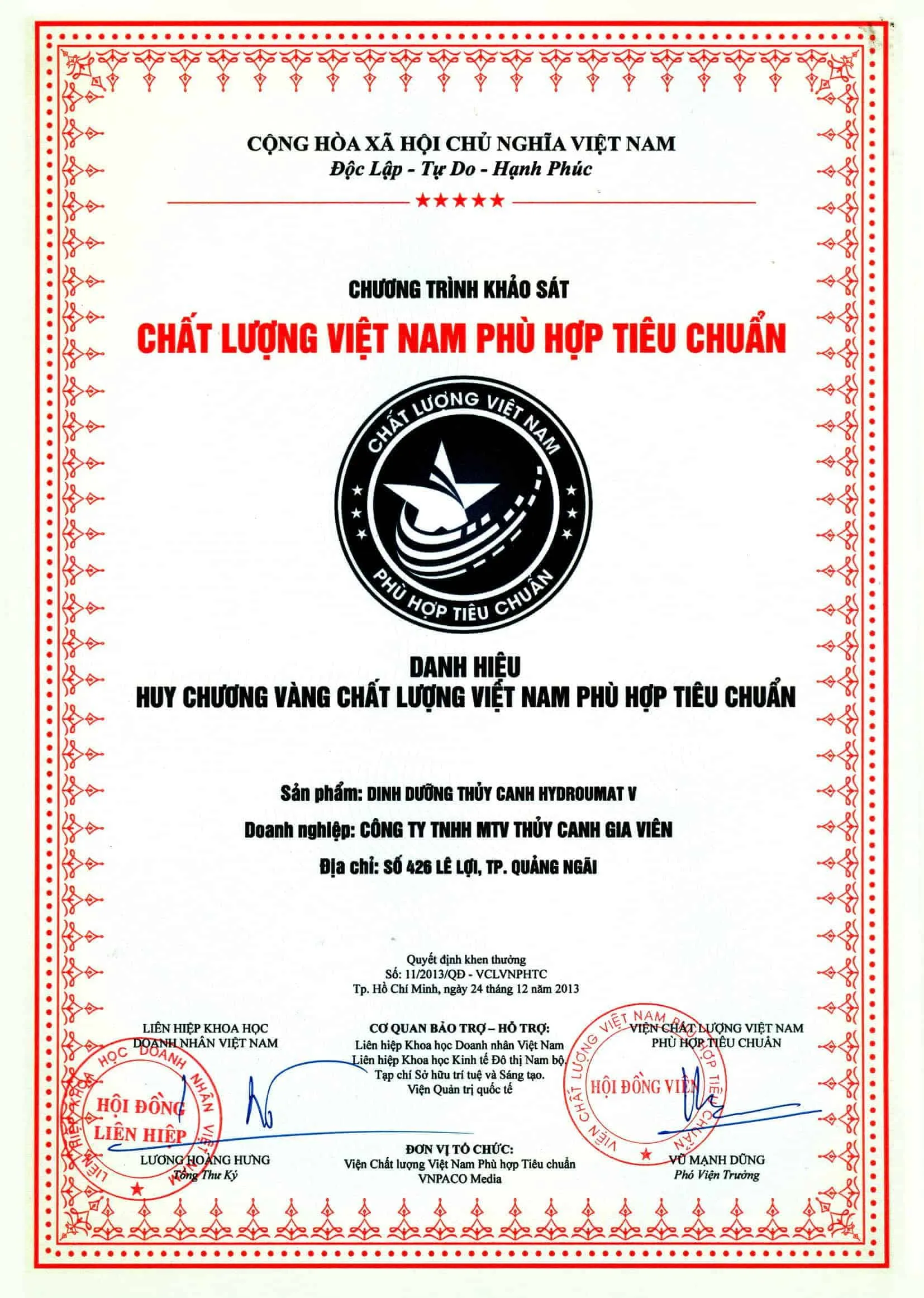 Chứng nhận phù hợp tiêu chuẩn sản xuất dung dịch thủy canh an toàn