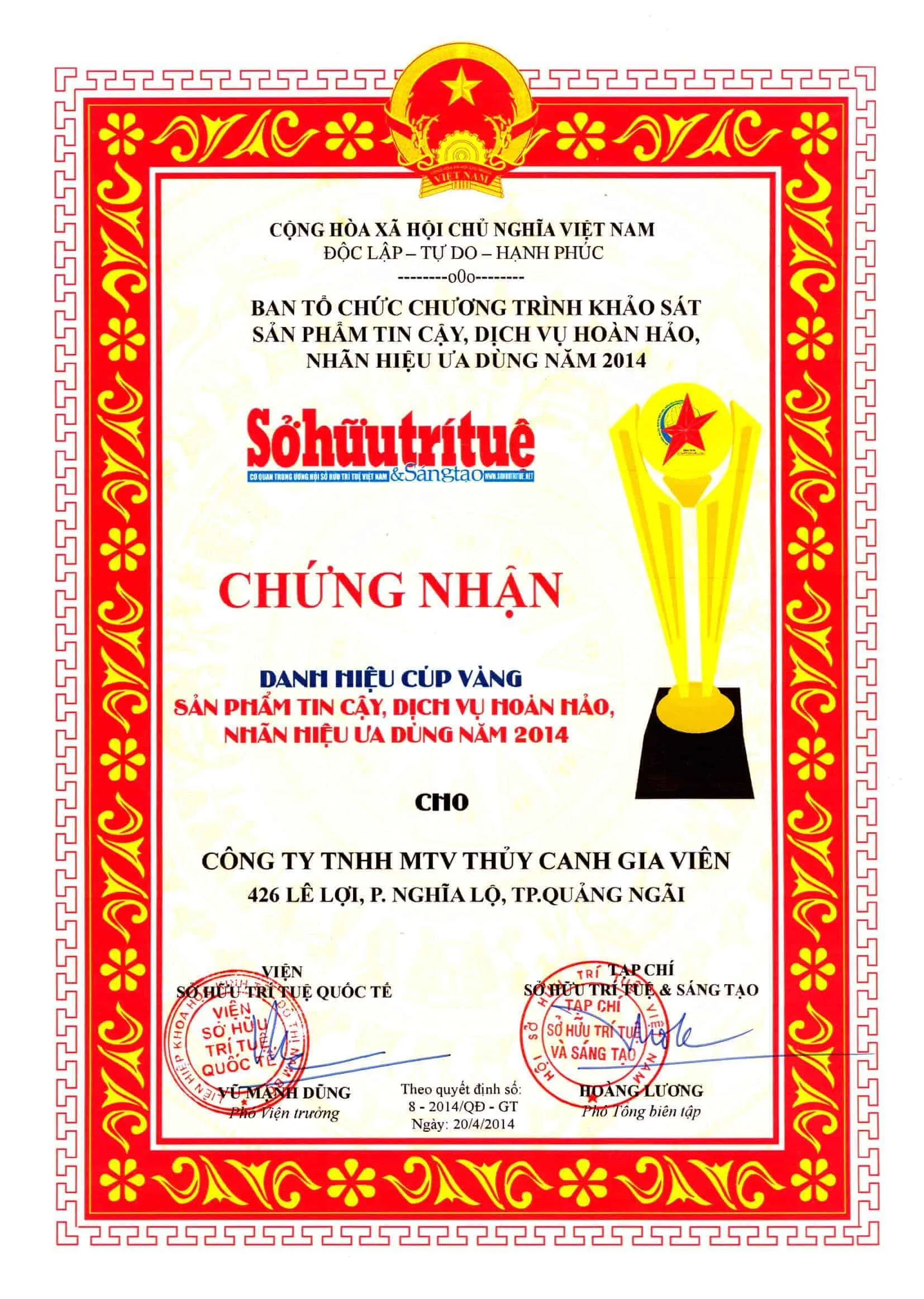 Chứng nhận sở hữu trí tuệ đảm bảo chất lượng dinh dưỡng thủy canh