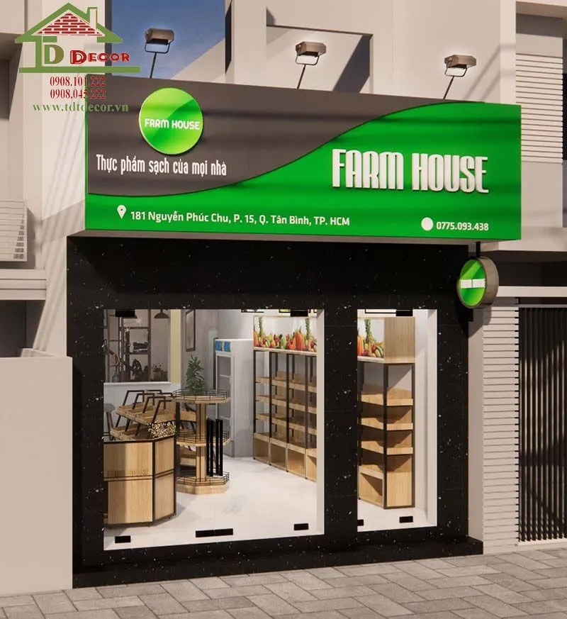 Không gian cửa hàng trái cây sử dụng tông màu gỗ tự nhiên ấm cúng