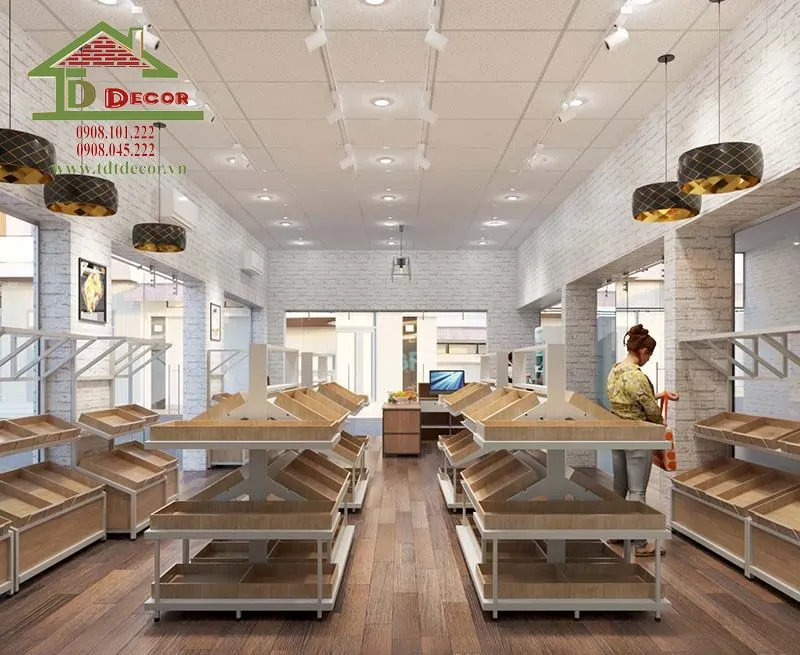 Mẫu thiết kế cửa hàng trái cây hiện đại với lối đi rộng rãi và thông thoáng