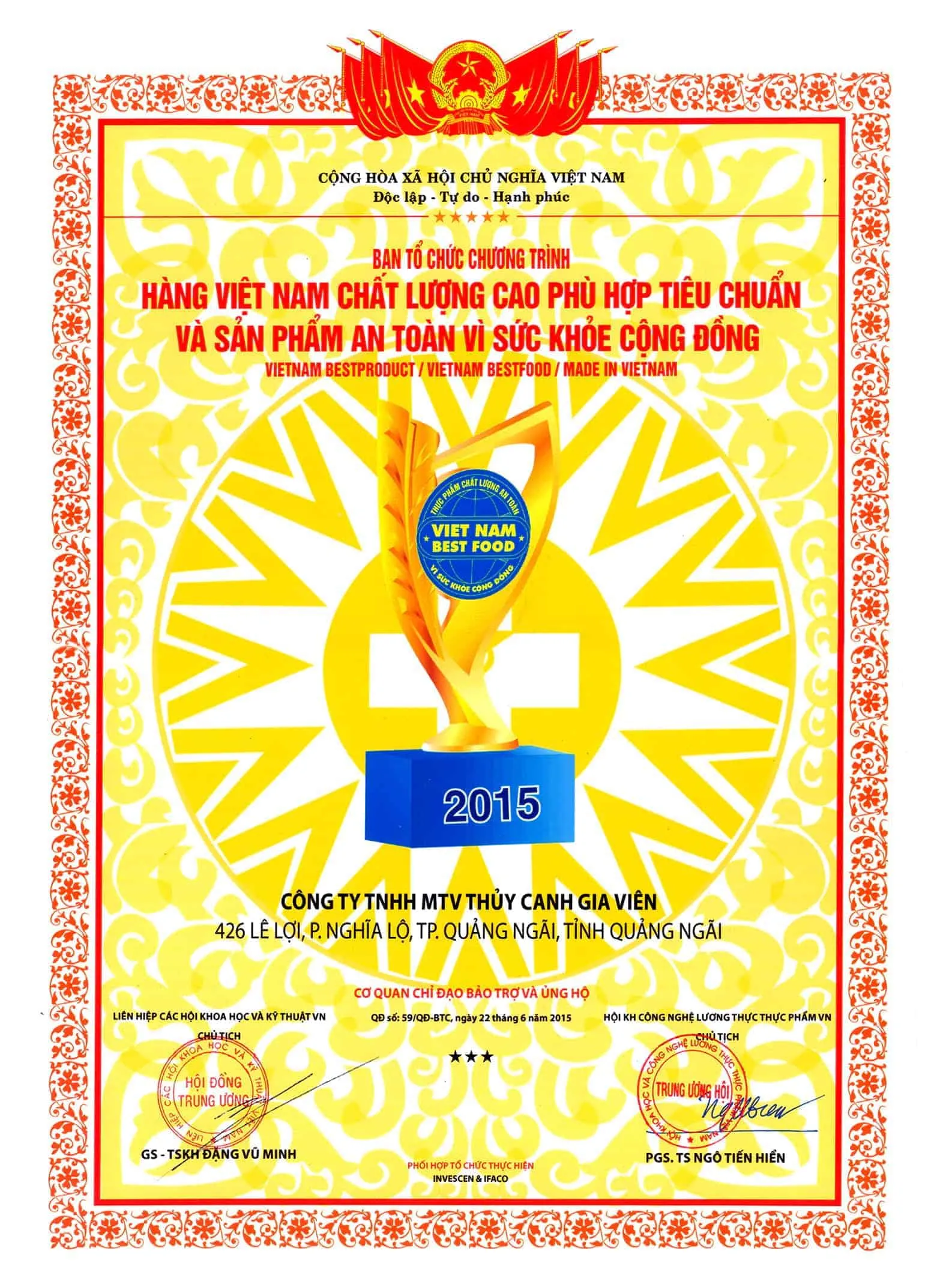 Chứng nhận Việt Nam Best Food cho sản phẩm Hydro Umat V