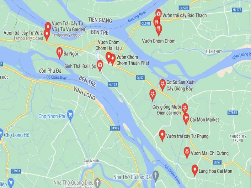 Toàn cảnh không gian xanh mát tại vườn trái cây Chợ Lách Bến Tre